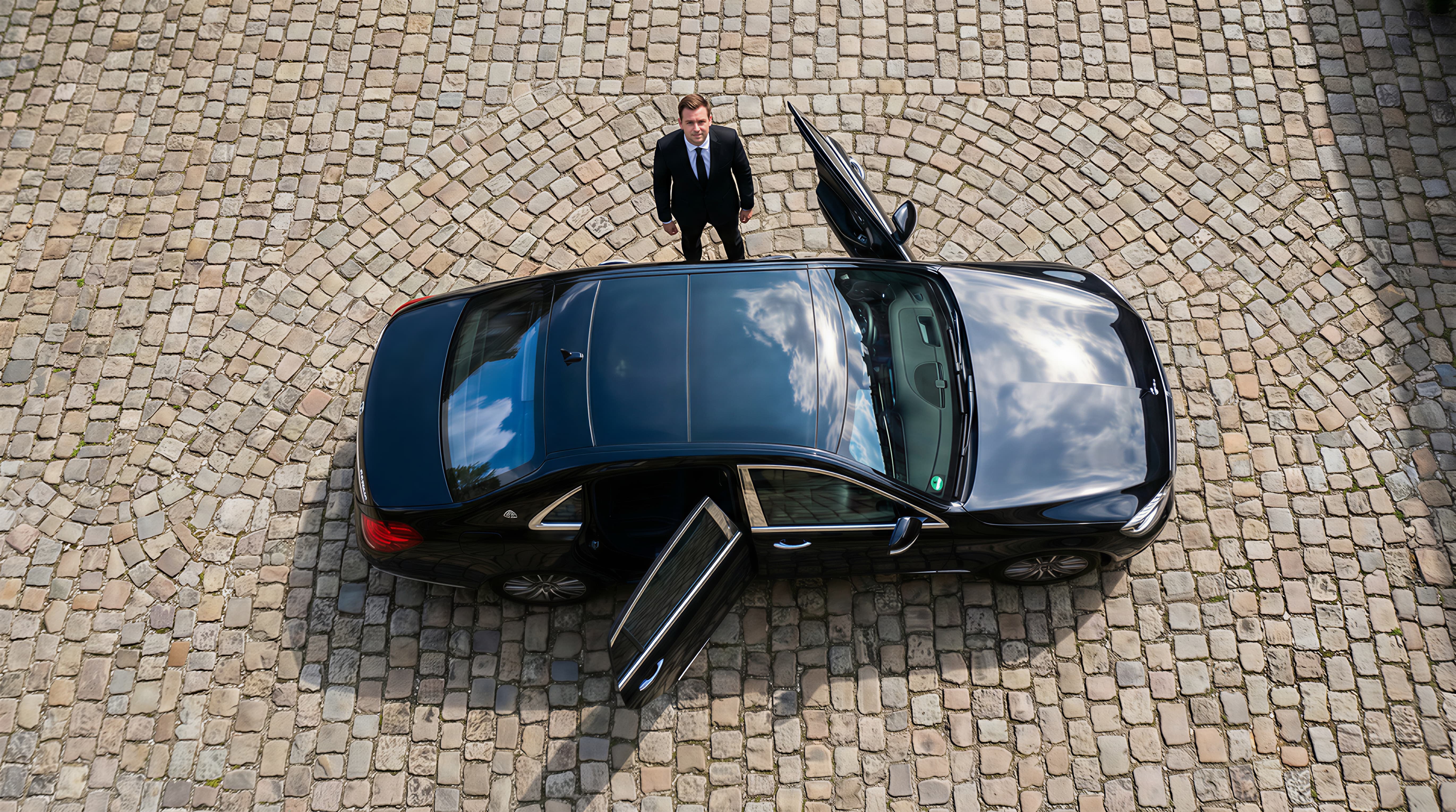 Aerial view, Mercedes-Maybach on cobblestone